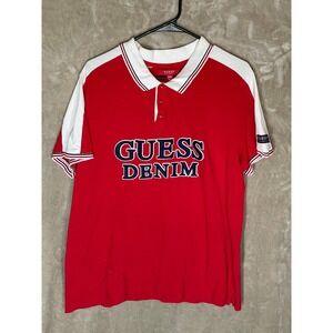 🚀 Guess Denim Polo Shirt Red White‎ Short Sleeve Logo XL